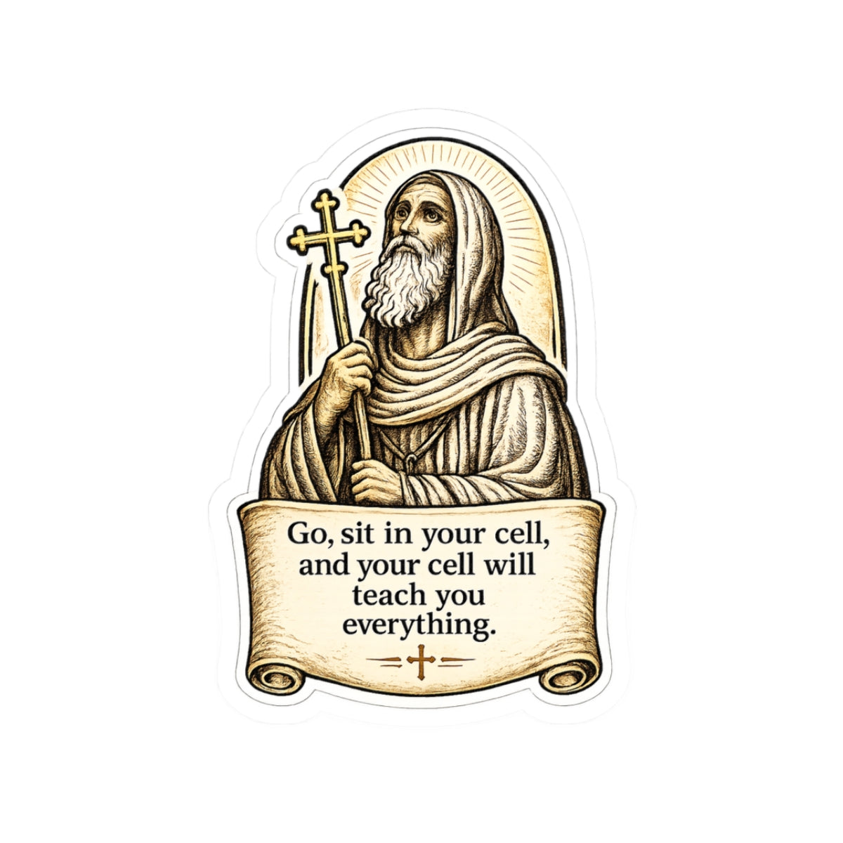 Saint Moses Sticker — "Go, sit in your cell, and your cell will teach you everything" Kiss-Cut Sticker