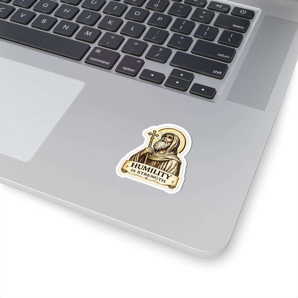Humility Is Strength Religious Sticker — Saint with Cross Kiss-Cut Vinyl Saint moses
