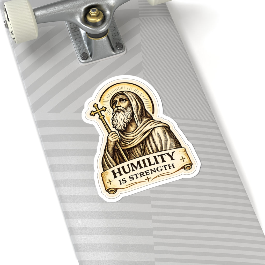 Humility Is Strength Religious Sticker — Saint with Cross Kiss-Cut Vinyl Saint moses