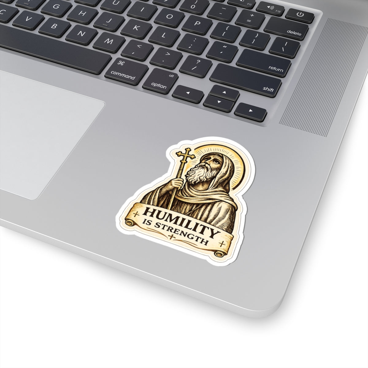 Humility Is Strength Religious Sticker — Saint with Cross Kiss-Cut Vinyl Saint moses
