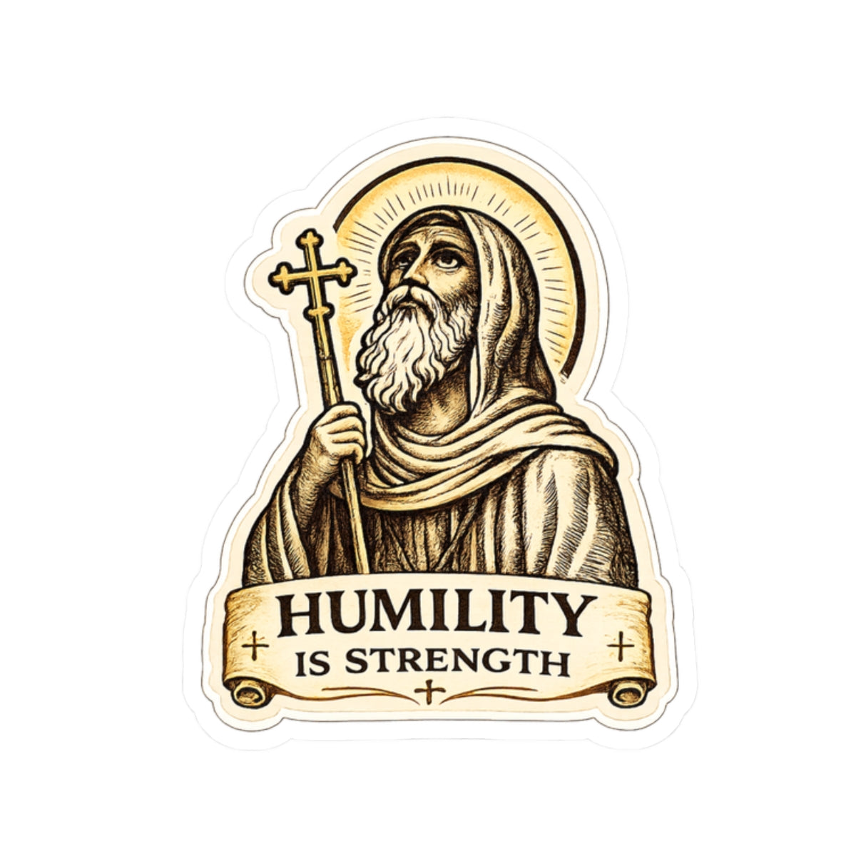 Humility Is Strength Religious Sticker — Saint with Cross Kiss-Cut Vinyl Saint moses