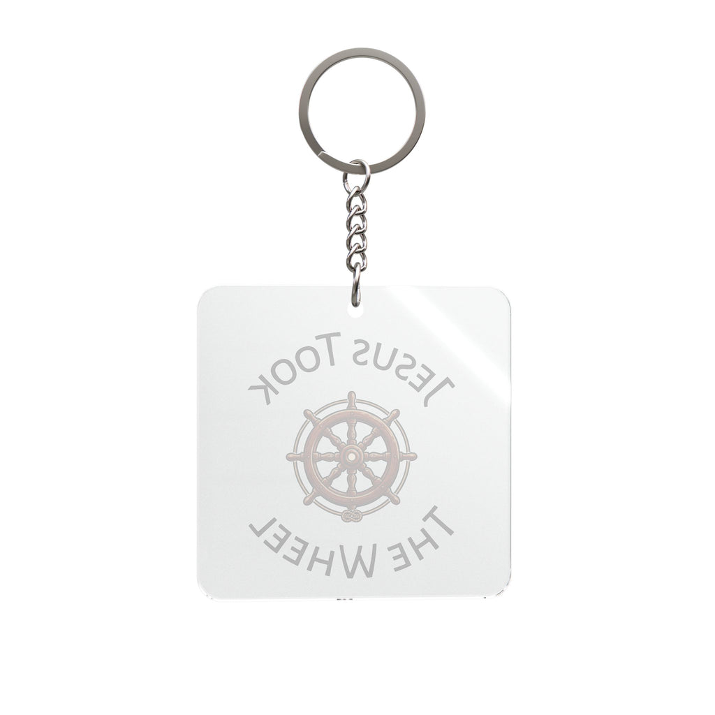 Religious Square Keychain — "Jesus Took the Wheel" with Ship Helm Design