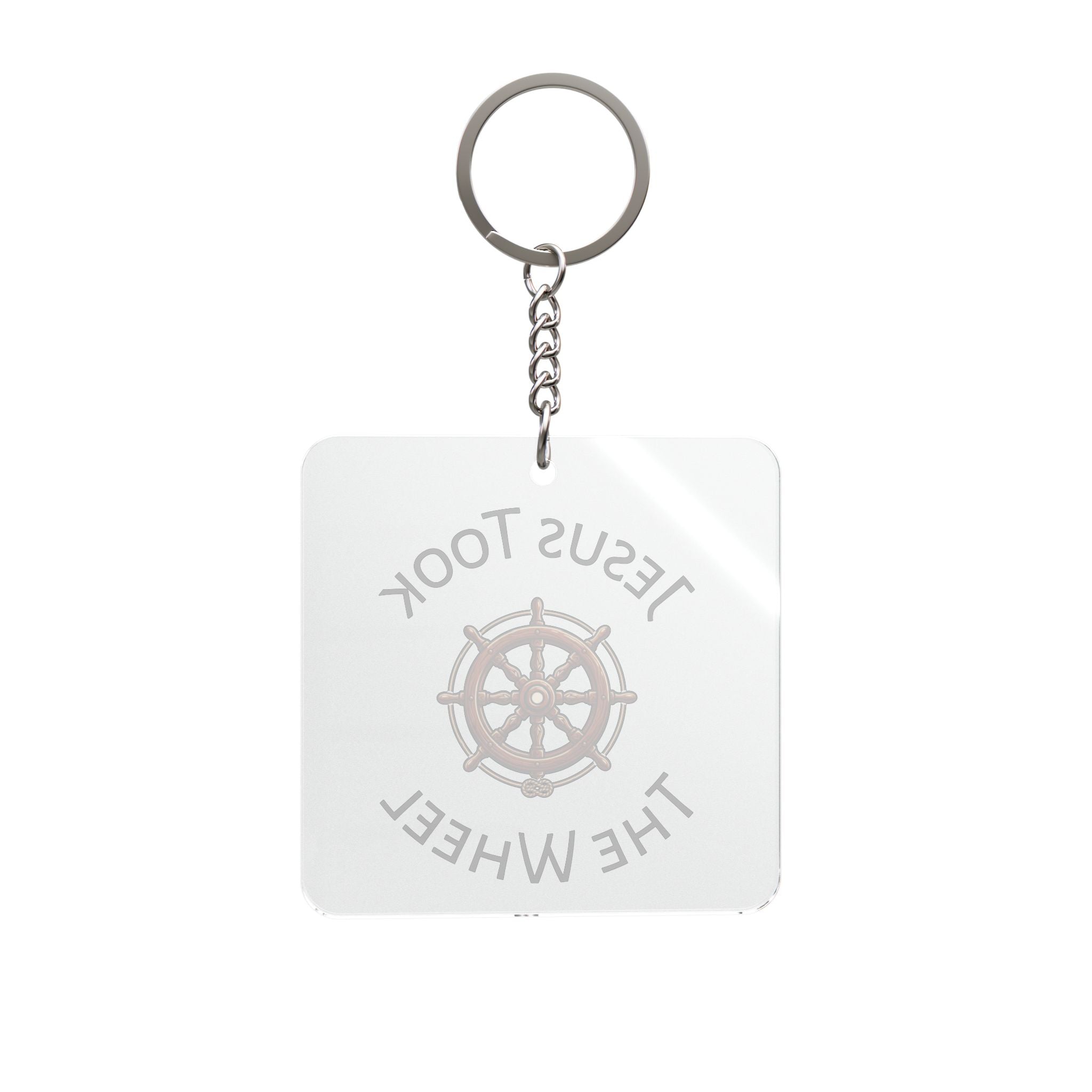 Religious Square Keychain — "Jesus Took the Wheel" with Ship Helm Design