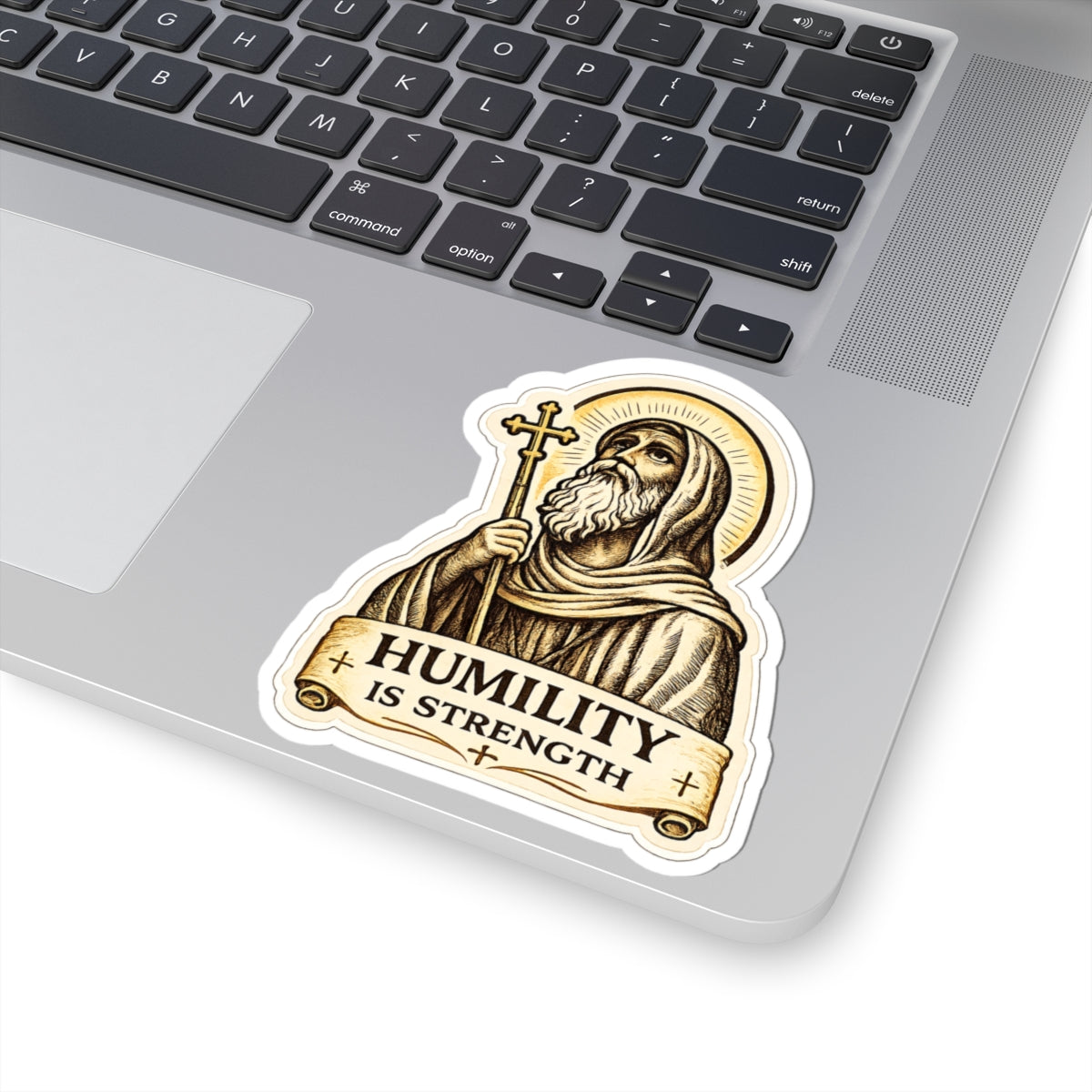 Humility Is Strength Religious Sticker — Saint with Cross Kiss-Cut Vinyl Saint moses