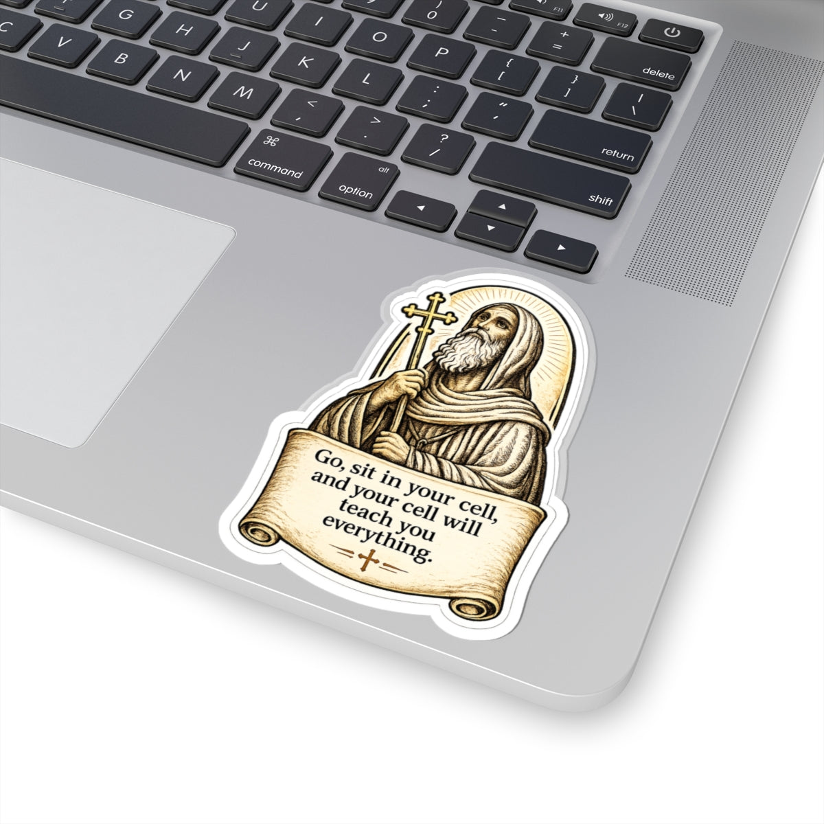 st.Moses Illustration Sticker — "Go, sit in your cell, and your cell will teach you everything." Kiss-Cut Sticker