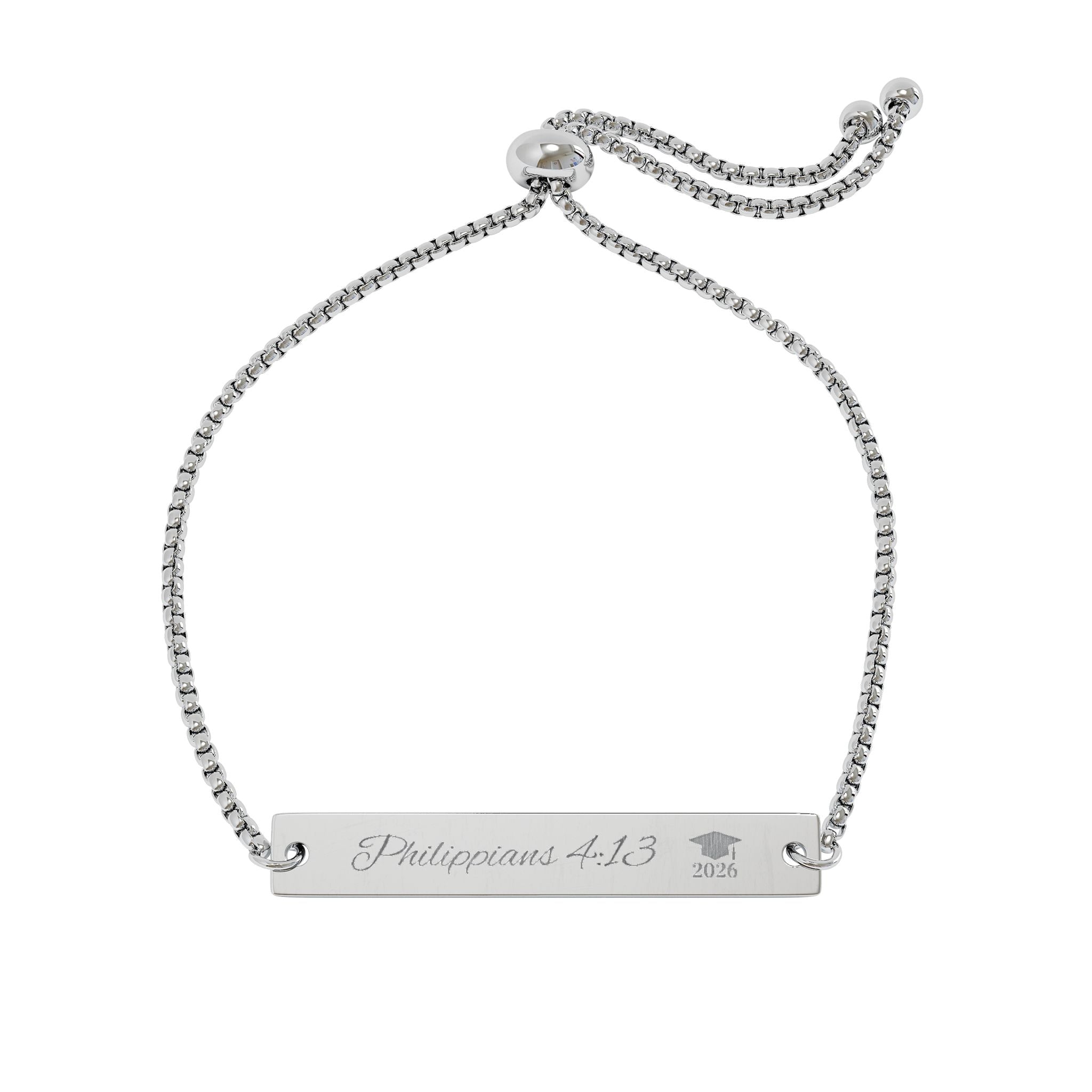 Engravable Adjustable Bar Bracelet —Philippians 4:13 graduate 2026