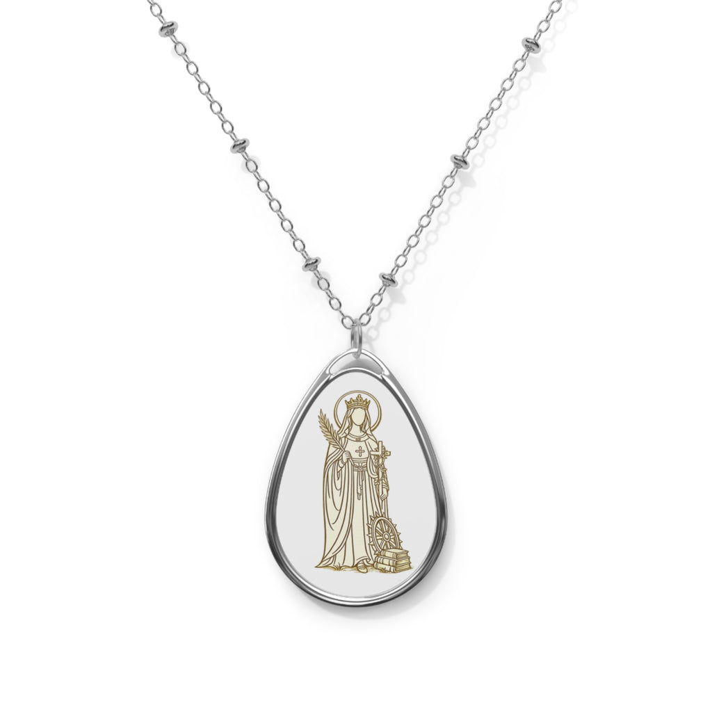 Saint catherine Oval Religious Necklace — Silver Teardrop Medal Pendant