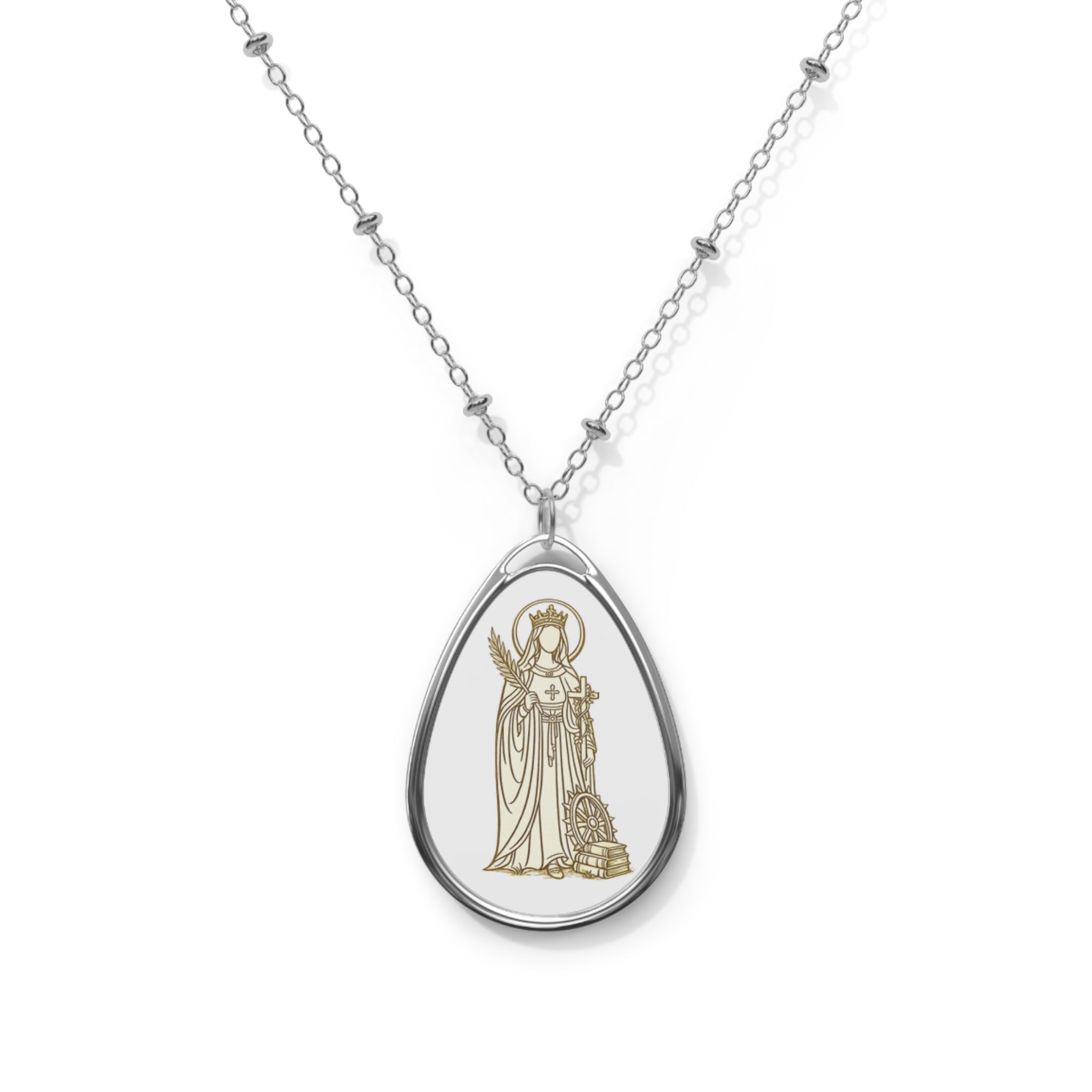 Saint catherine Oval Religious Necklace — Silver Teardrop Medal Pendant