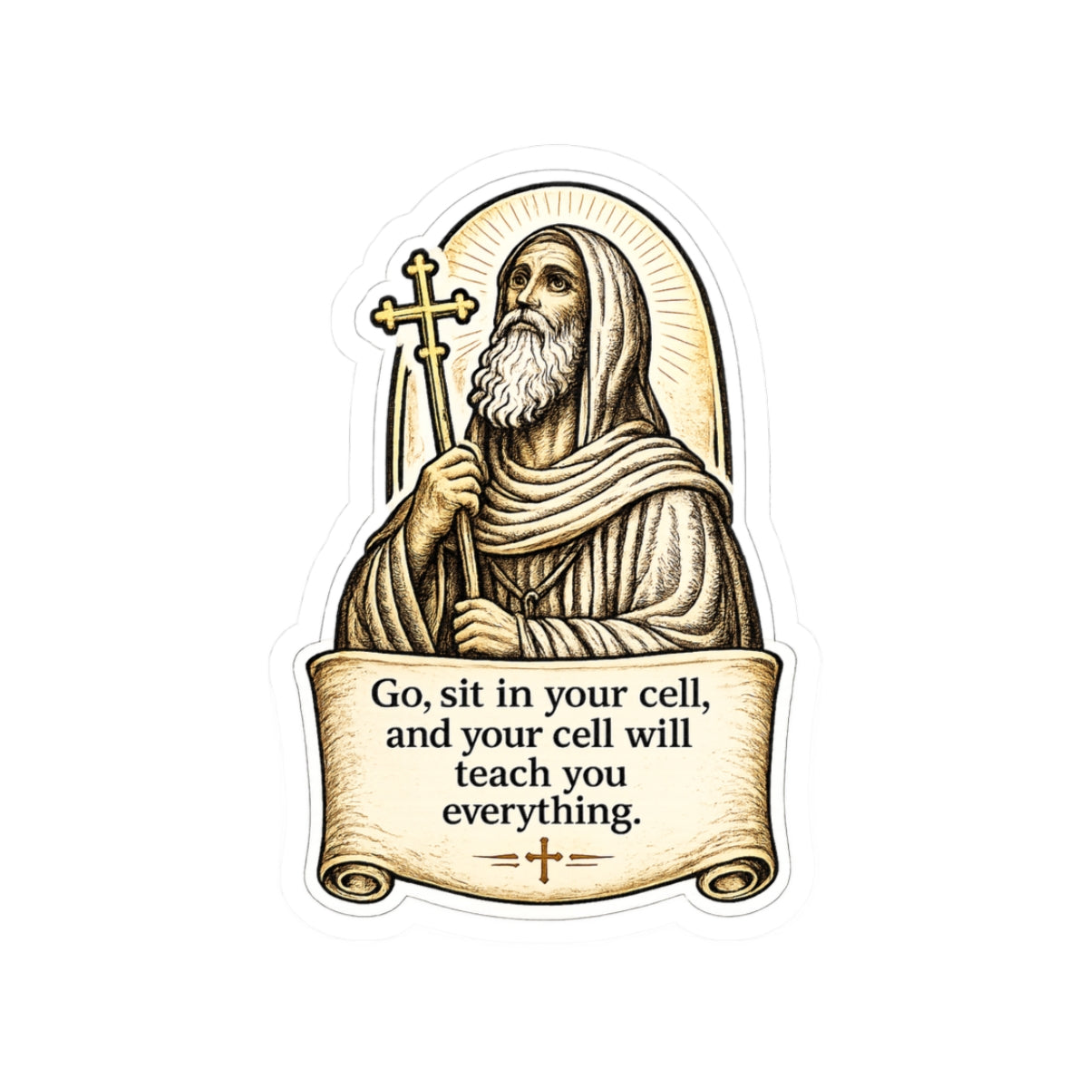 st.Moses Illustration Sticker — "Go, sit in your cell, and your cell will teach you everything." Kiss-Cut Sticker