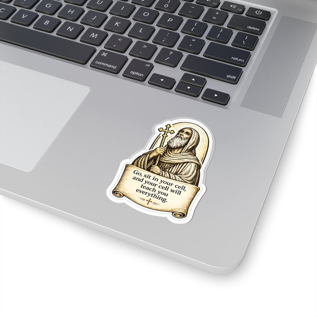st.Moses Illustration Sticker — "Go, sit in your cell, and your cell will teach you everything." Kiss-Cut Sticker