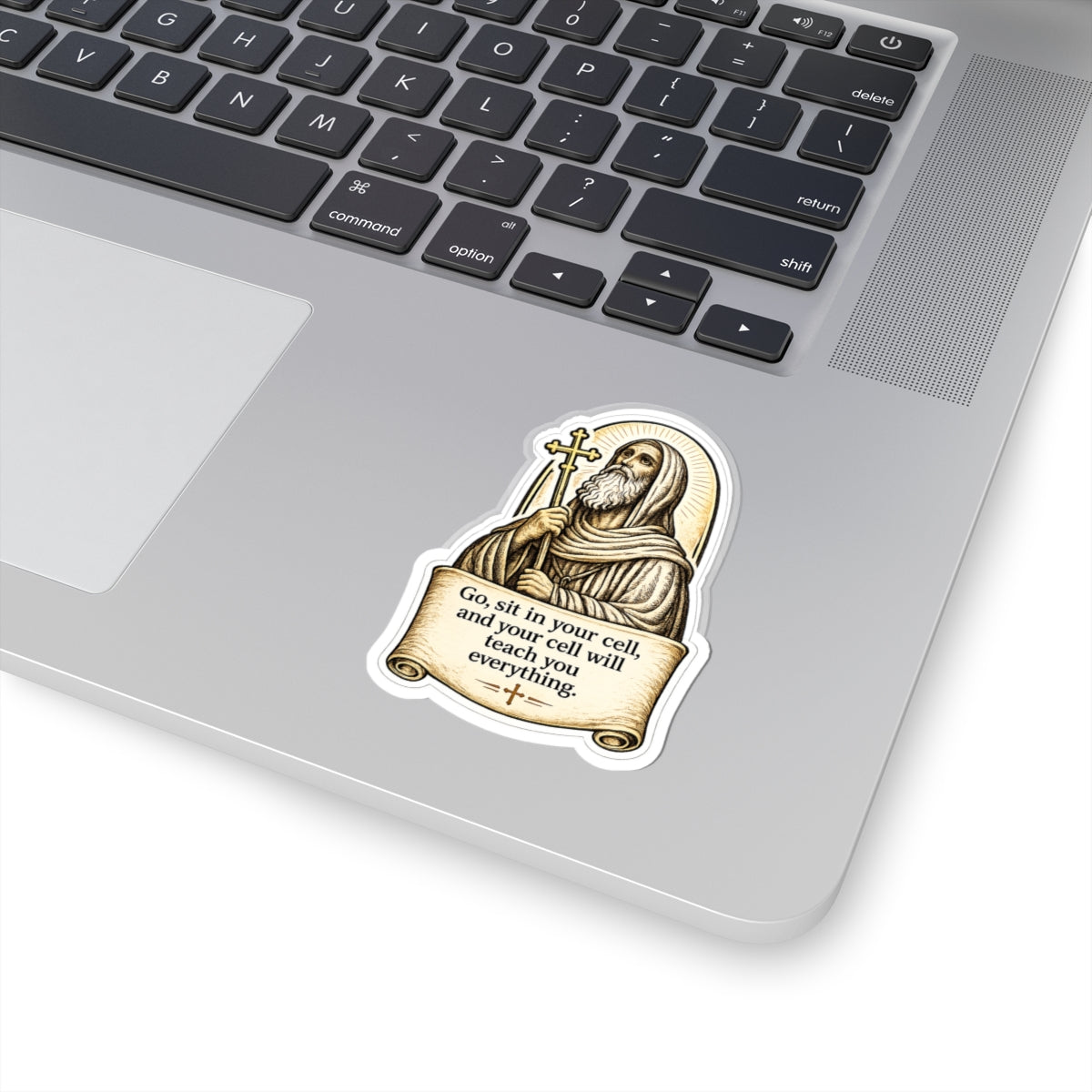 st.Moses Illustration Sticker — "Go, sit in your cell, and your cell will teach you everything." Kiss-Cut Sticker