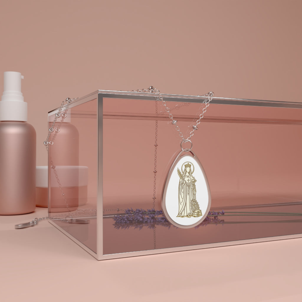 Saint catherine Oval Religious Necklace — Silver Teardrop Medal Pendant