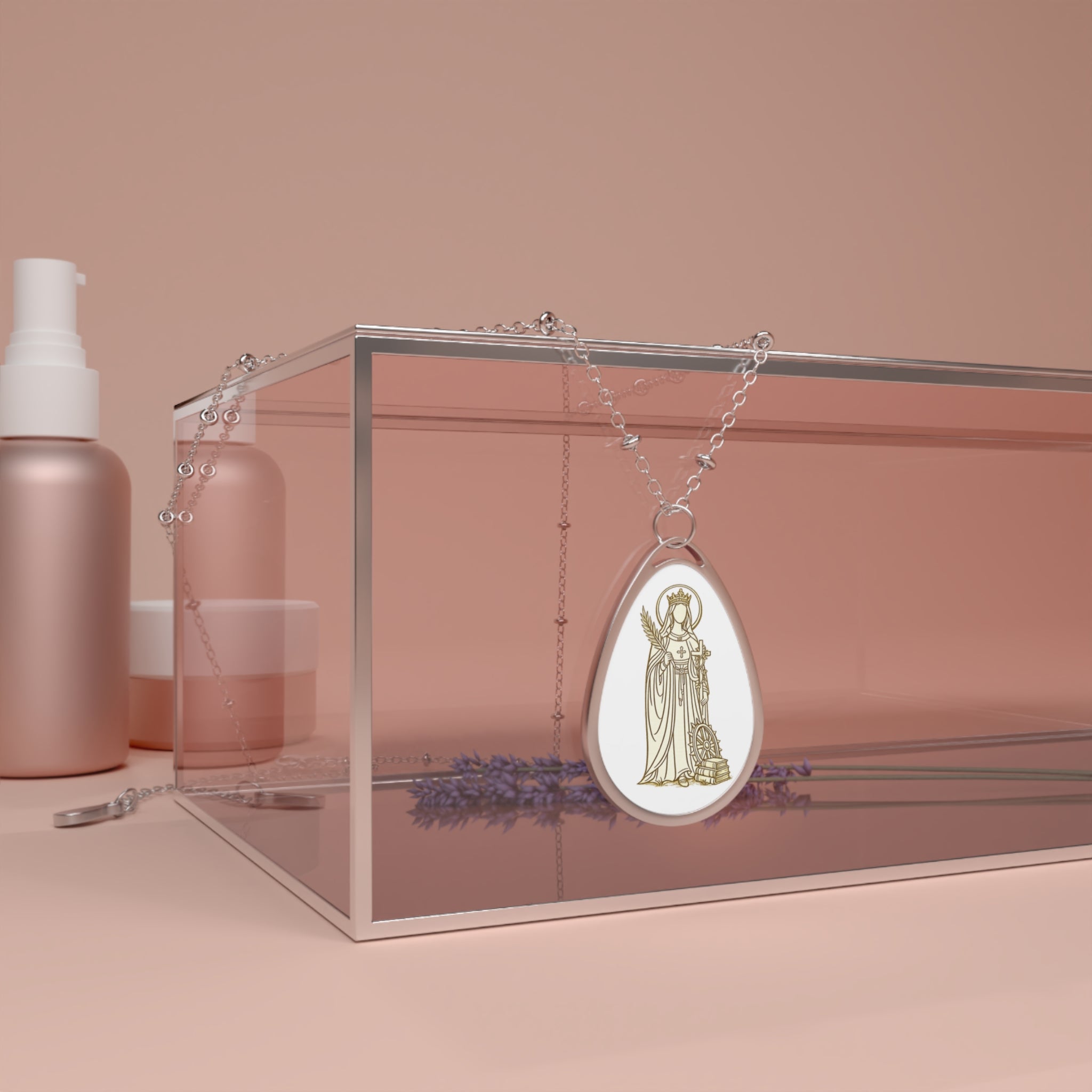 Saint catherine Oval Religious Necklace — Silver Teardrop Medal Pendant