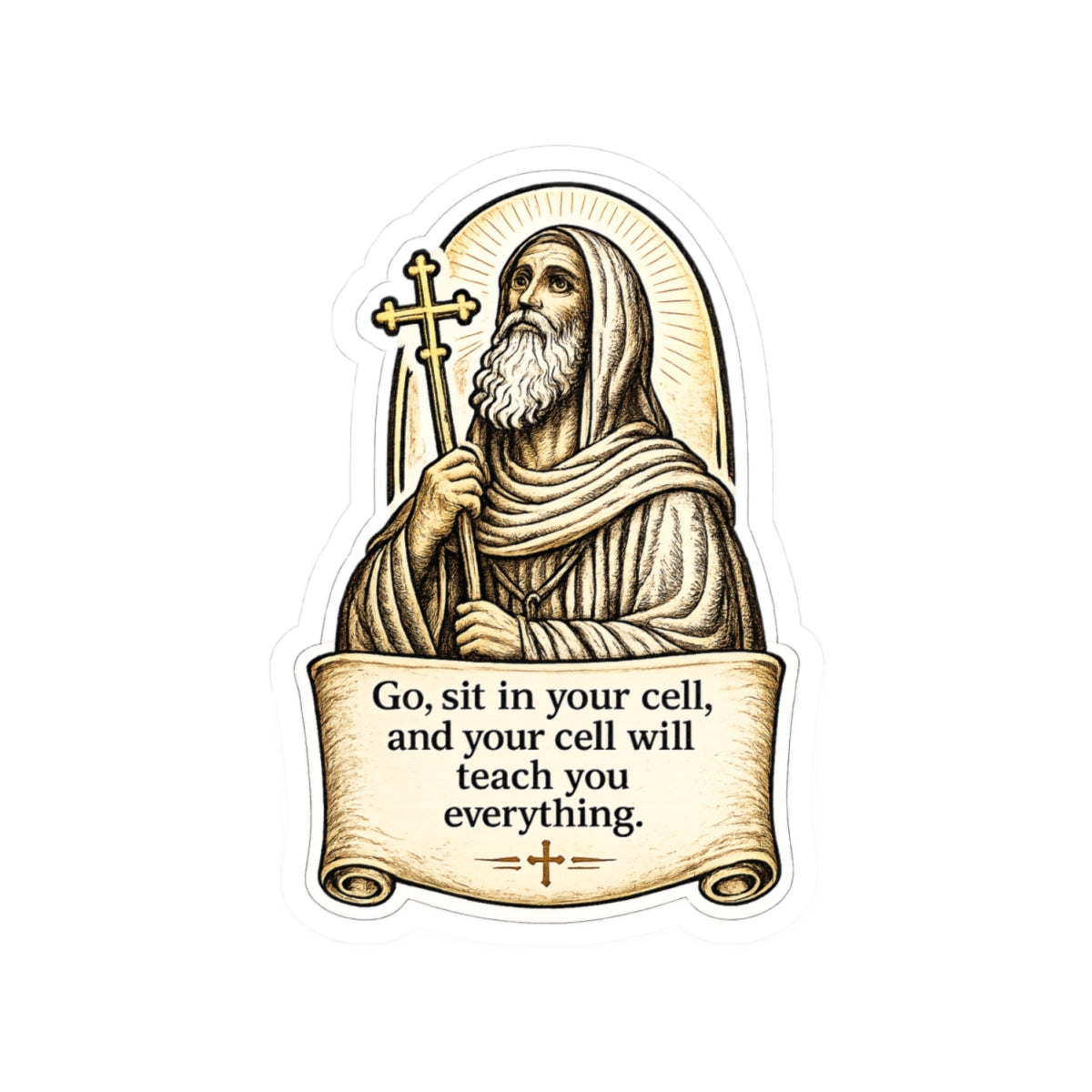 st.Moses Illustration Sticker — "Go, sit in your cell, and your cell will teach you everything." Kiss-Cut Sticker