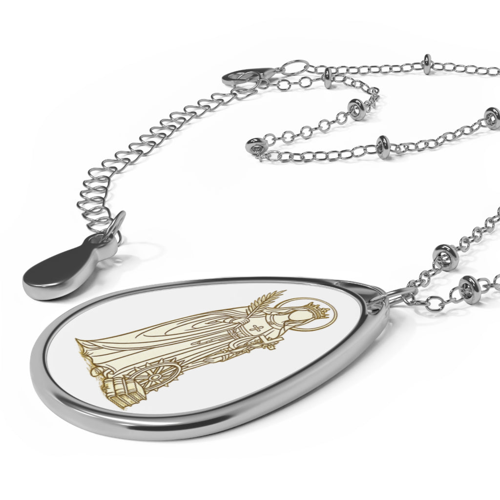 Saint catherine Oval Religious Necklace — Silver Teardrop Medal Pendant