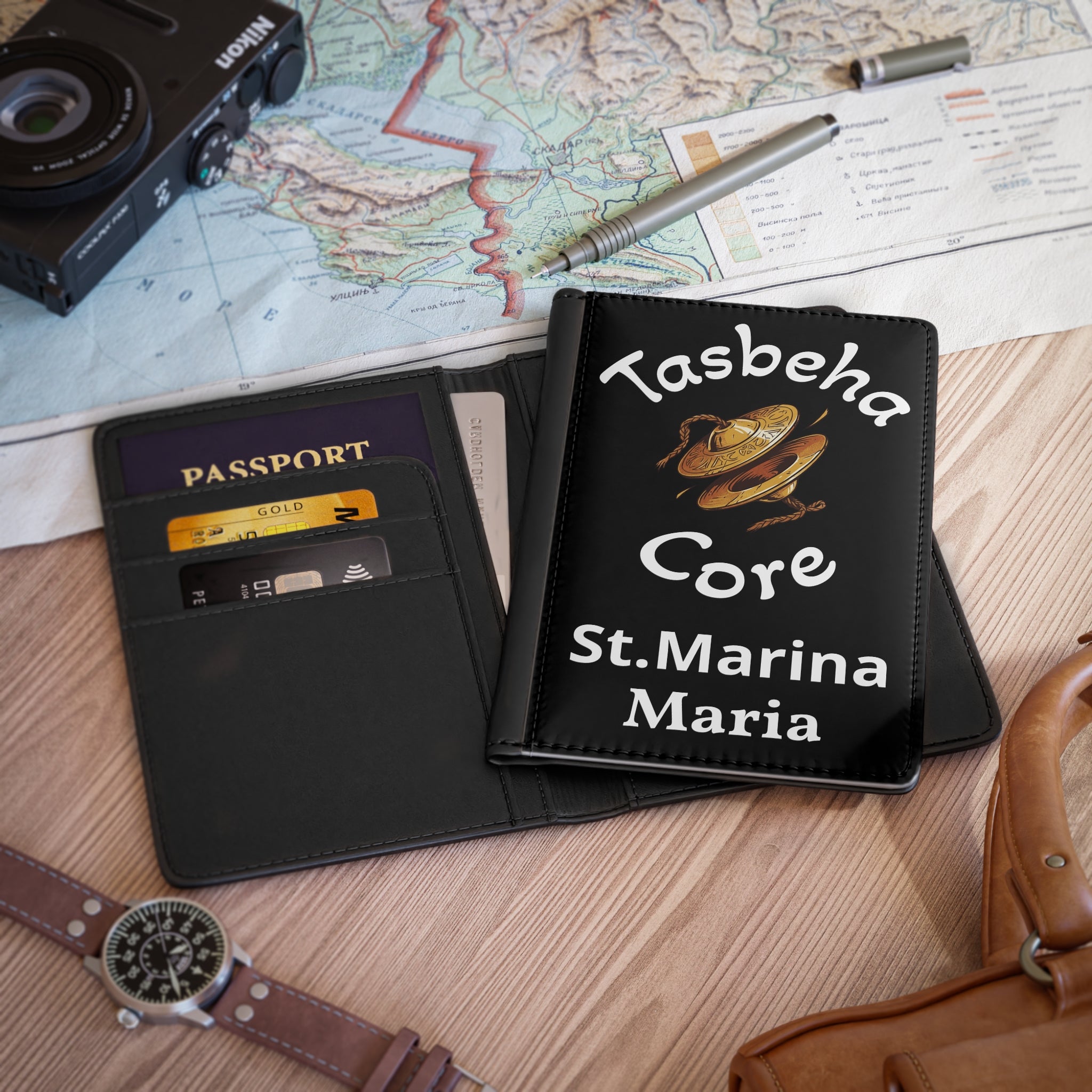 Custom Tasbeha Core Passport Cover — Leather Travel Passport Holder with Coptic Hat Design