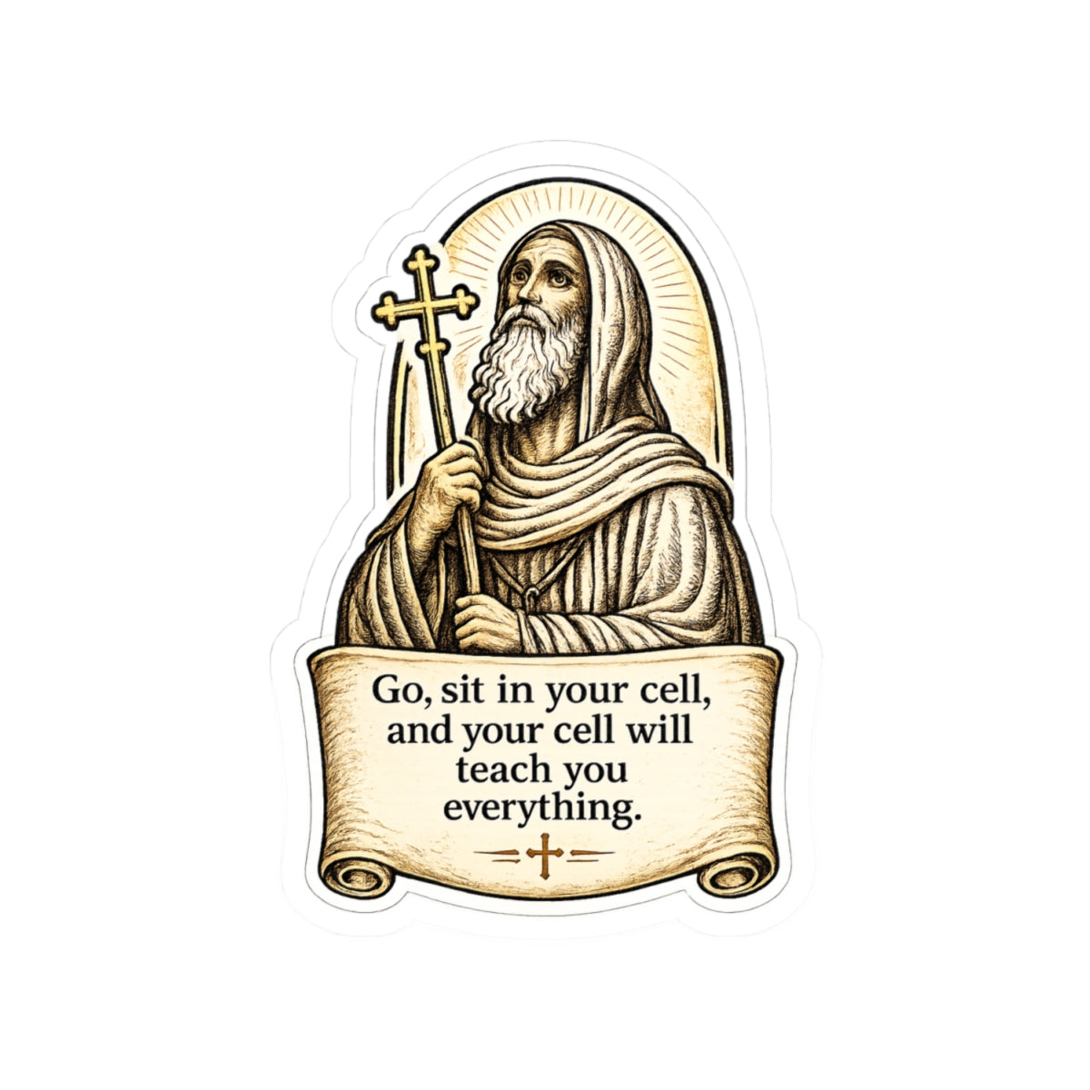 Saint Moses Sticker — "Go, sit in your cell, and your cell will teach you everything" Kiss-Cut Sticker