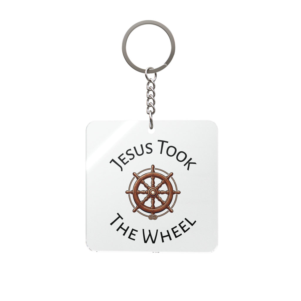 Religious Square Keychain — "Jesus Took the Wheel" with Ship Helm Design