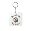 Religious Square Keychain — "Jesus Took the Wheel" with Ship Helm Design