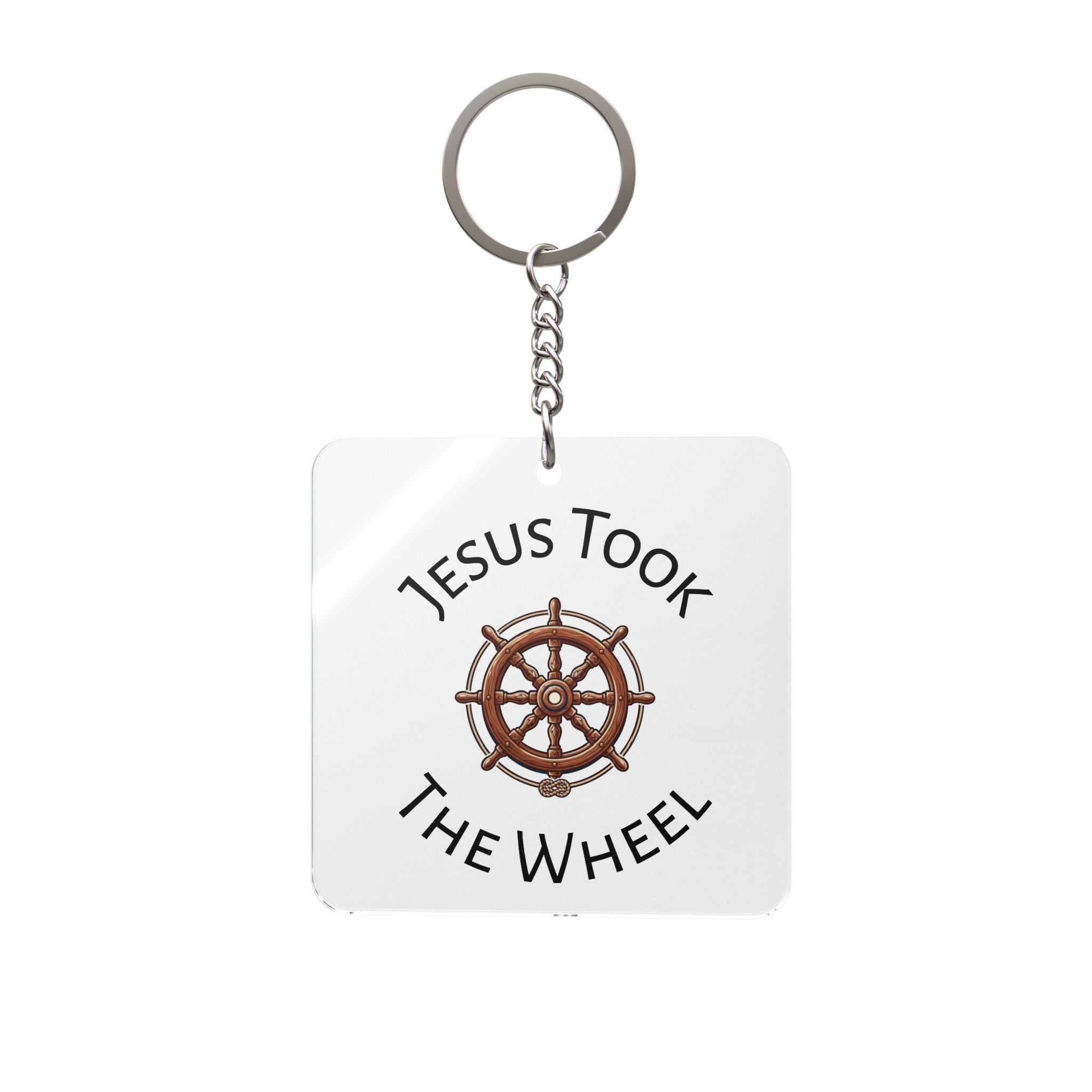 Religious Square Keychain — "Jesus Took the Wheel" with Ship Helm Design